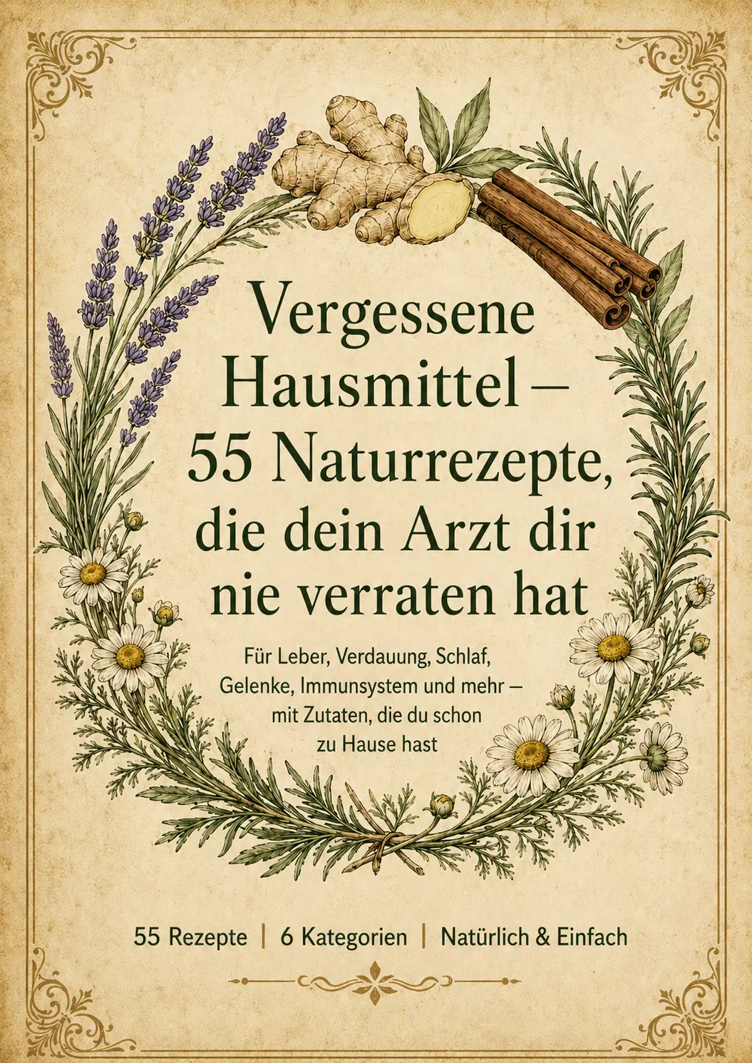 Cover des digitalen Buches „Vergessene Hausmittel – 55 Naturrezepte, die dein Arzt dir nie verraten hat“ mit botanischem Kranz aus Lavendel, Kamille, Ingwer und Zimt